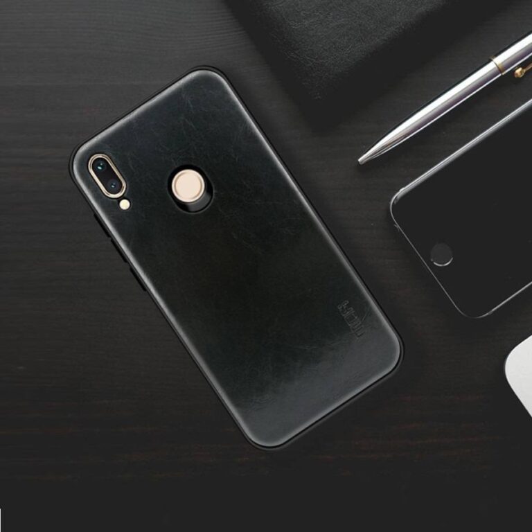 Huawei P20 Lite, Leather Black bőrtok fekete kemény alapon