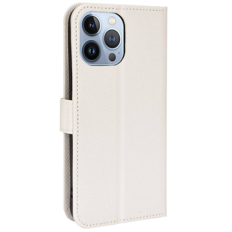iPhone 14 Pro bőrtok, Leather Flip fehér mágneses védelem