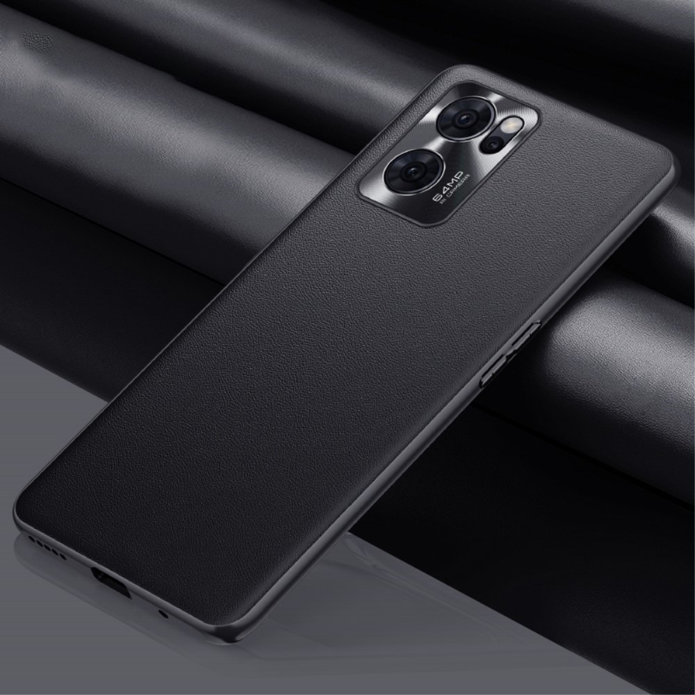 Oppo Reno 7 bőr védőtok, Leather Black fekete hátlap